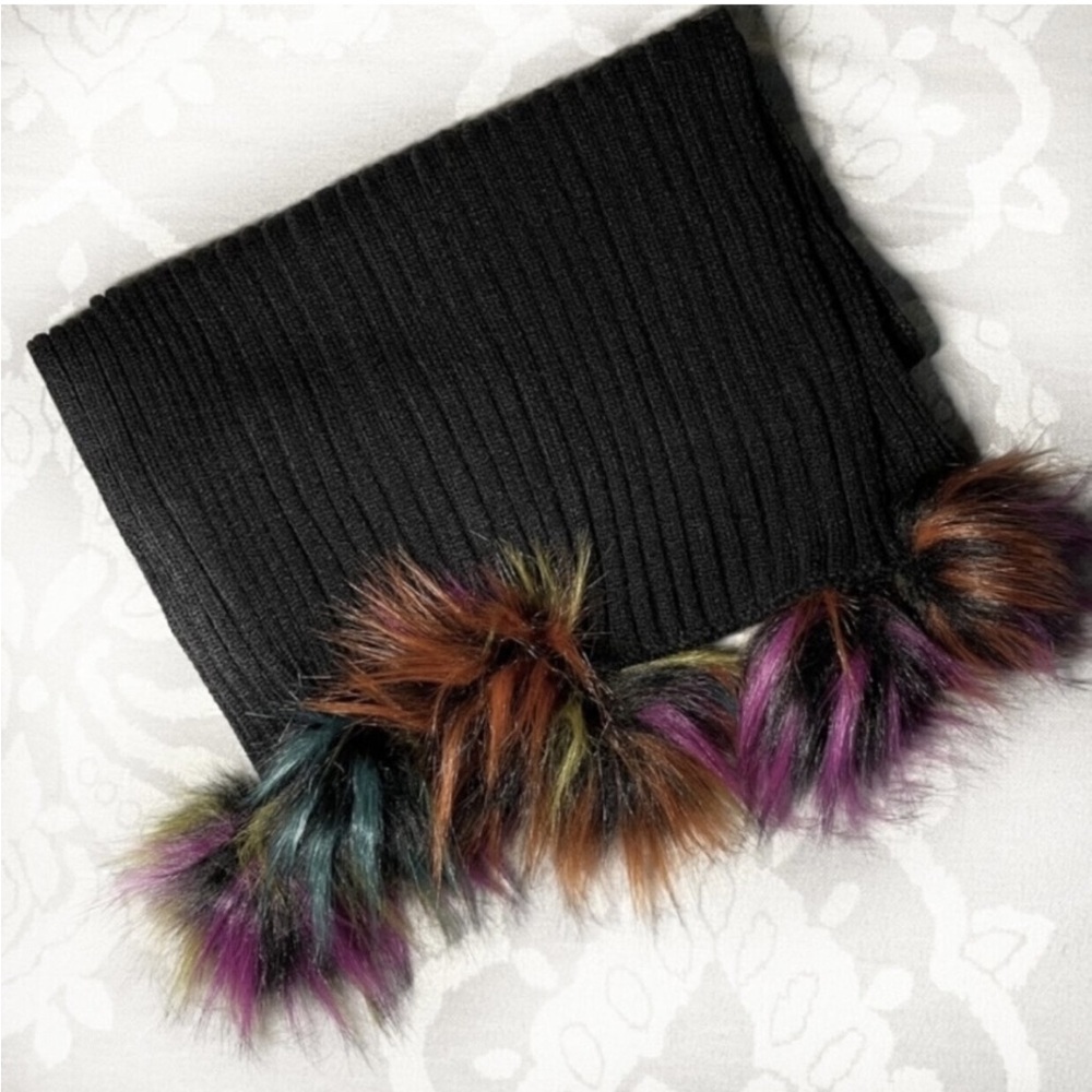 NWOT Black Rainbow Pom Scarf